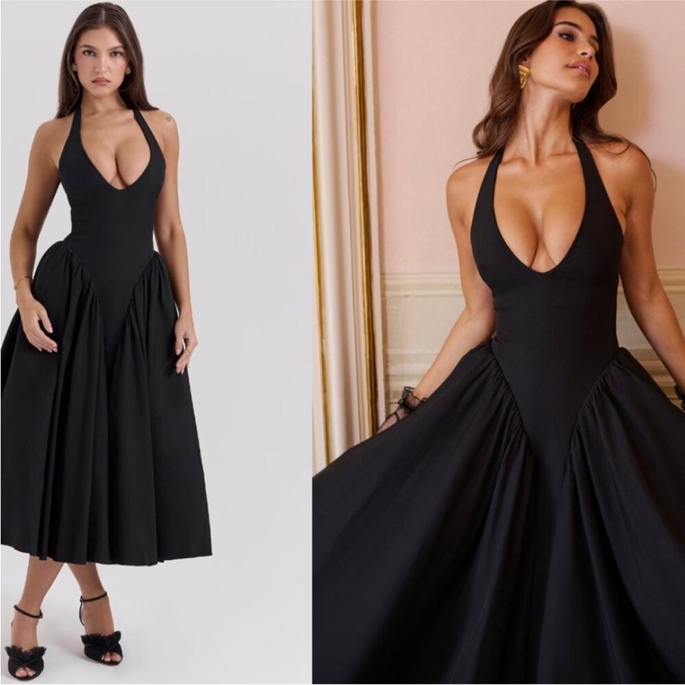 HOUSE OF CB 'Marilyn' Black Twill Halter Midi Dress NWOT size M